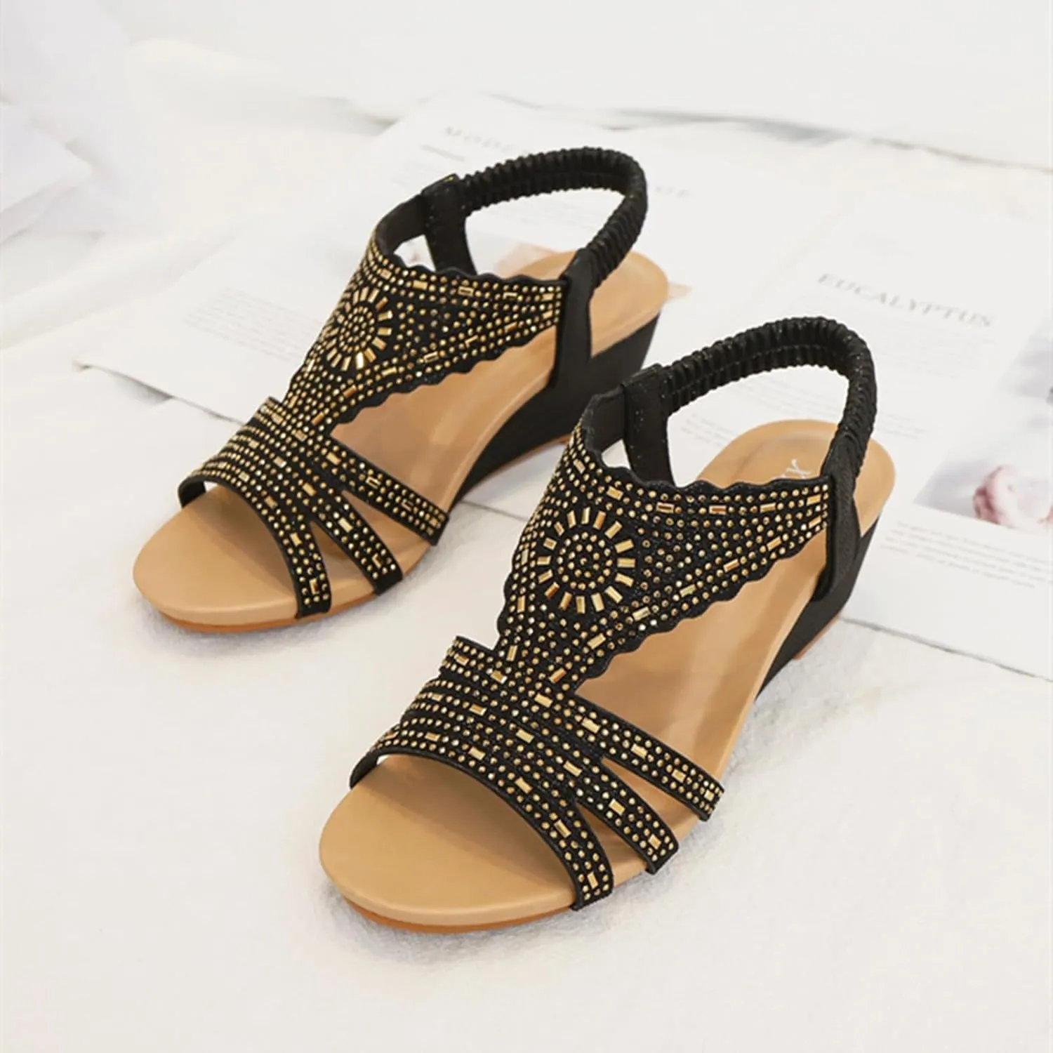 Wedge Sandals for Women Dressy Bohemian Rhinestone Sandals Comfortable Open Toe Elastic Ankle Strap Sandal Summer Beach Shoes