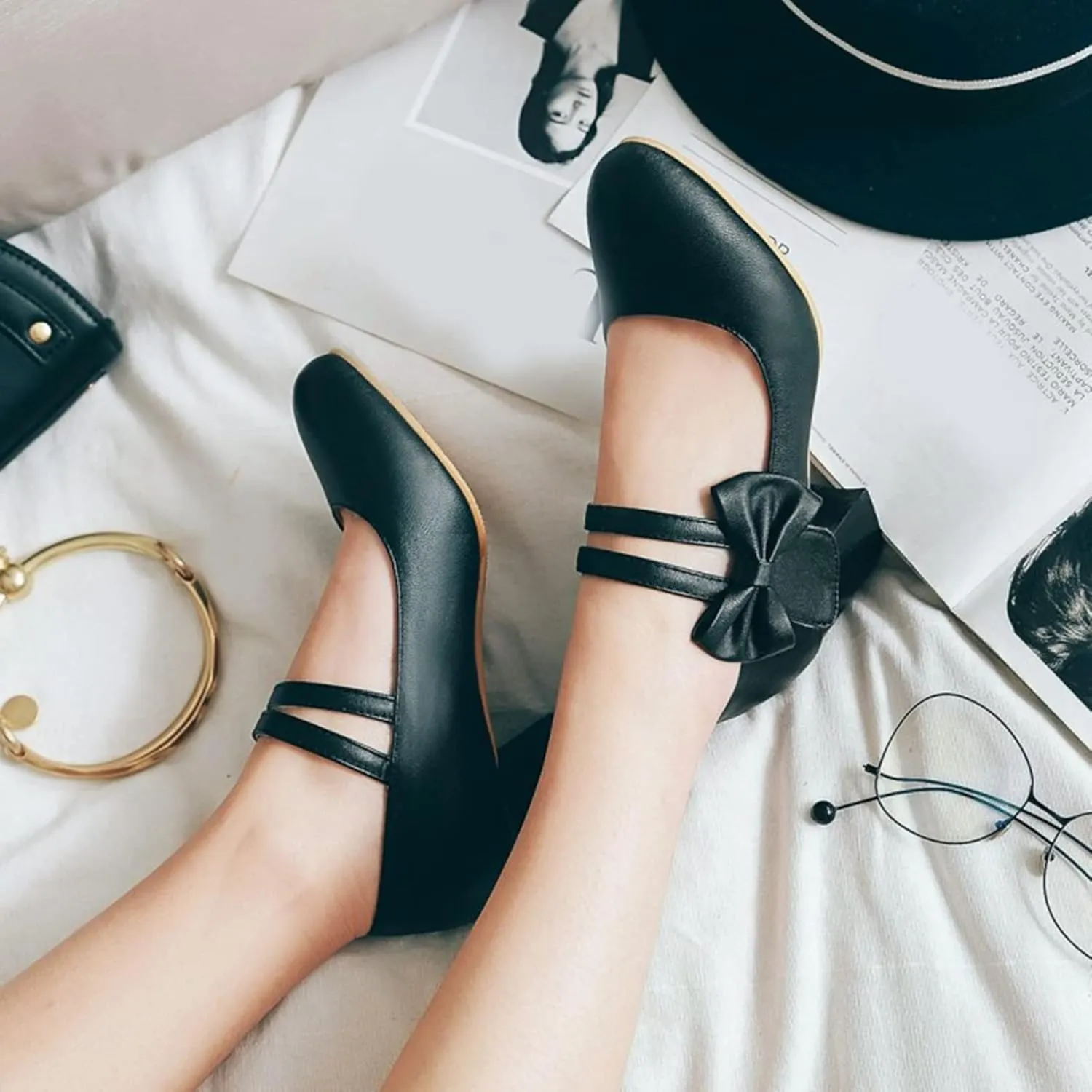 Women Double Strap Round Toe Mary Janes Sweet Bow Chunky Mid Heel Comfort Wedding Dress Pumps Shoes