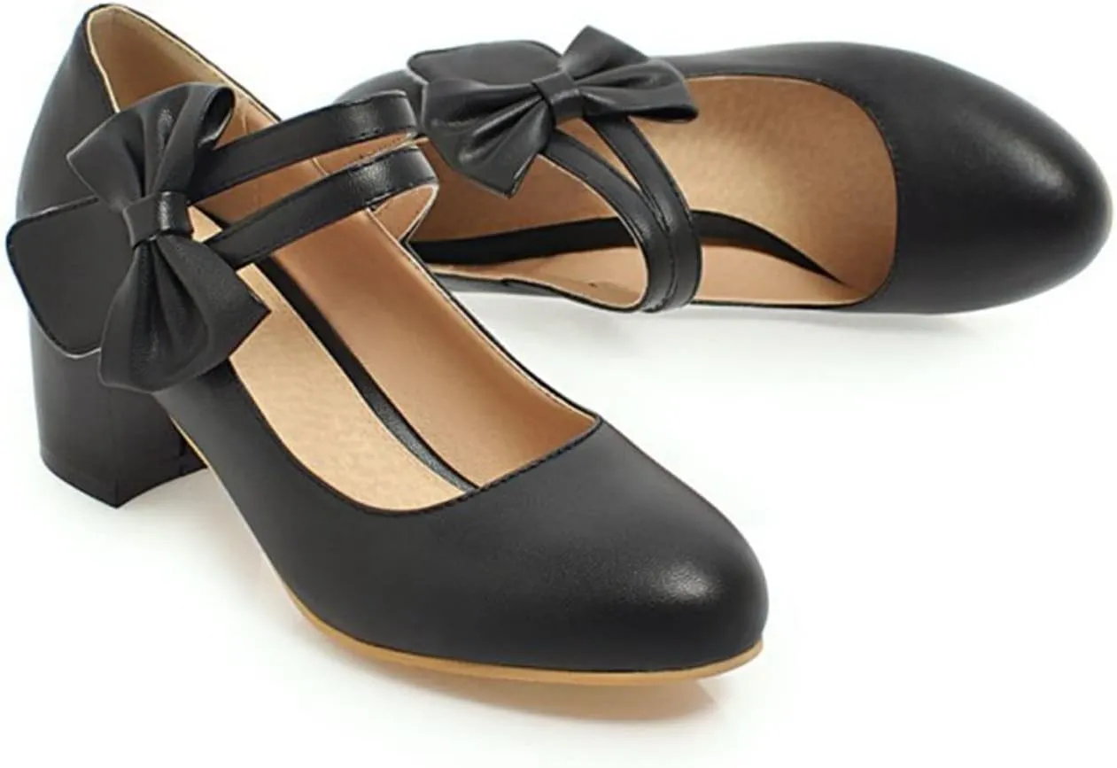 Women Double Strap Round Toe Mary Janes Sweet Bow Chunky Mid Heel Comfort Wedding Dress Pumps Shoes