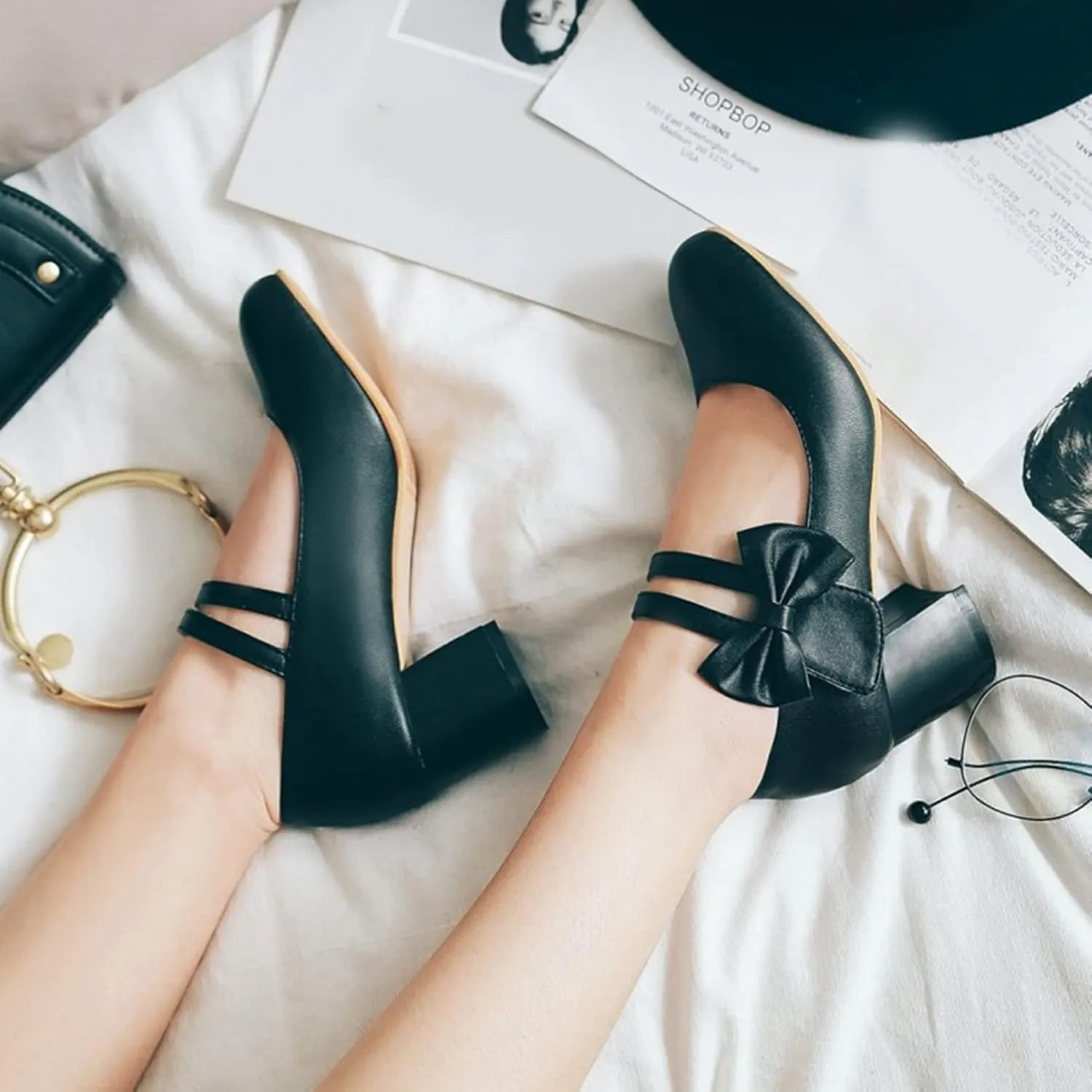 Women Double Strap Round Toe Mary Janes Sweet Bow Chunky Mid Heel Comfort Wedding Dress Pumps Shoes