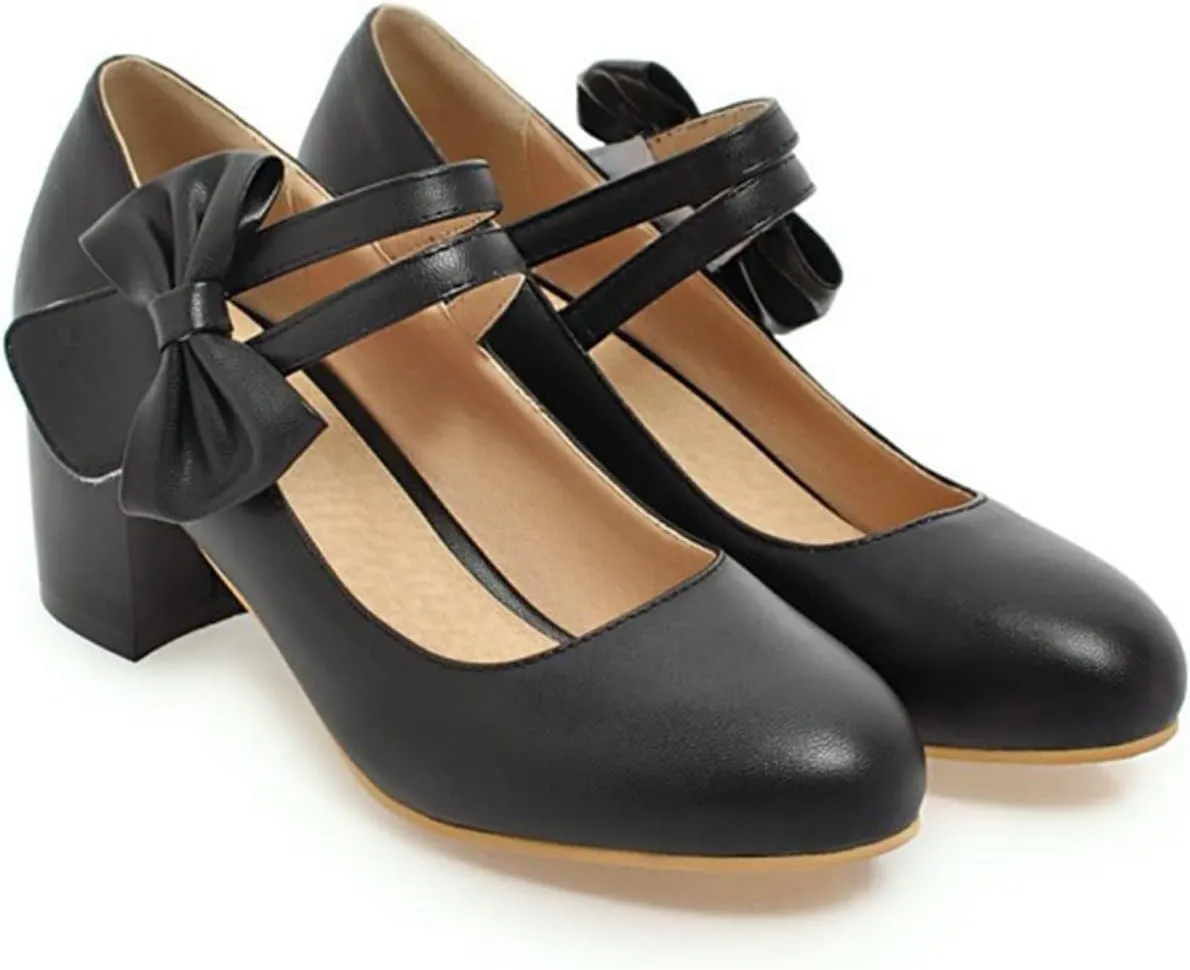 Women Double Strap Round Toe Mary Janes Sweet Bow Chunky Mid Heel Comfort Wedding Dress Pumps Shoes