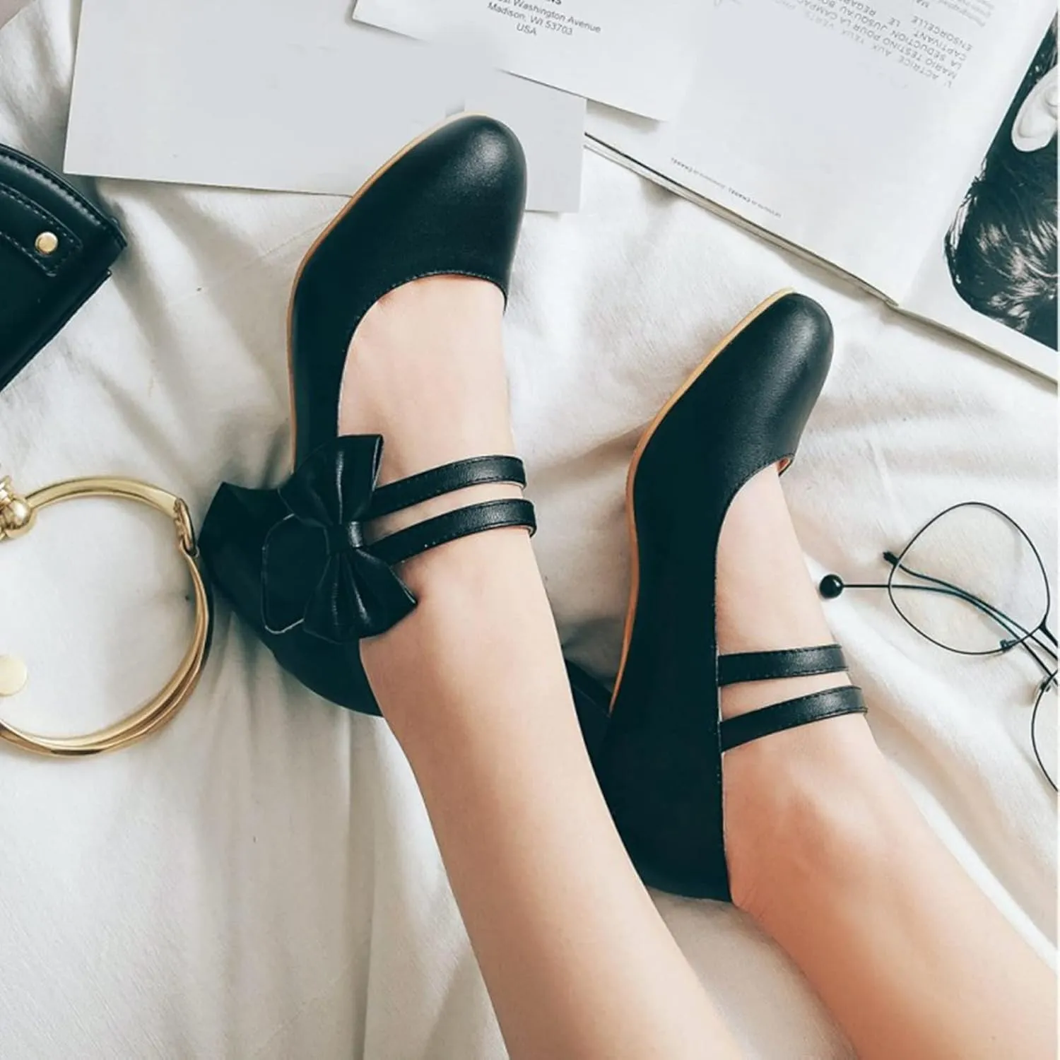 Women Double Strap Round Toe Mary Janes Sweet Bow Chunky Mid Heel Comfort Wedding Dress Pumps Shoes