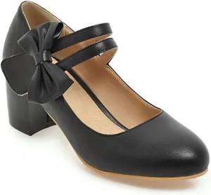 Women Double Strap Round Toe Mary Janes Sweet Bow Chunky Mid Heel Comfort Wedding Dress Pumps Shoes
