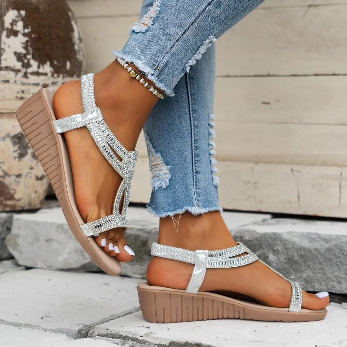 Women Rhinestone Sandals Bohemian Wedge Flat Sandals Comfortable Open Toe Elastic Ankle Strap Sandals Summer Beach Shoes