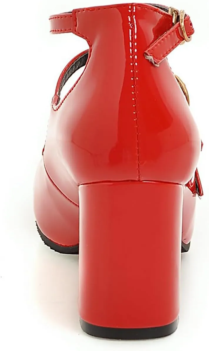 Women's Mary Janes Chunky High Heels Pumps,Vintage Patent Leather Adjustable Triple Strap Buckle Comfort Round Toe Closed Toe Sweet Office Wedding Party Dress Shoes