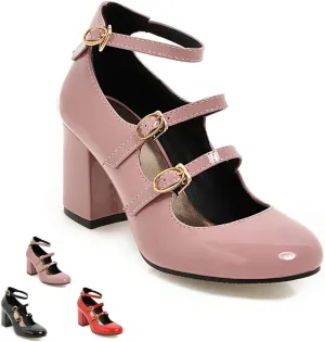 Women's Mary Janes Chunky High Heels Pumps,Vintage Patent Leather Adjustable Triple Strap Buckle Comfort Round Toe Closed Toe Sweet Office Wedding Party Dress Shoes