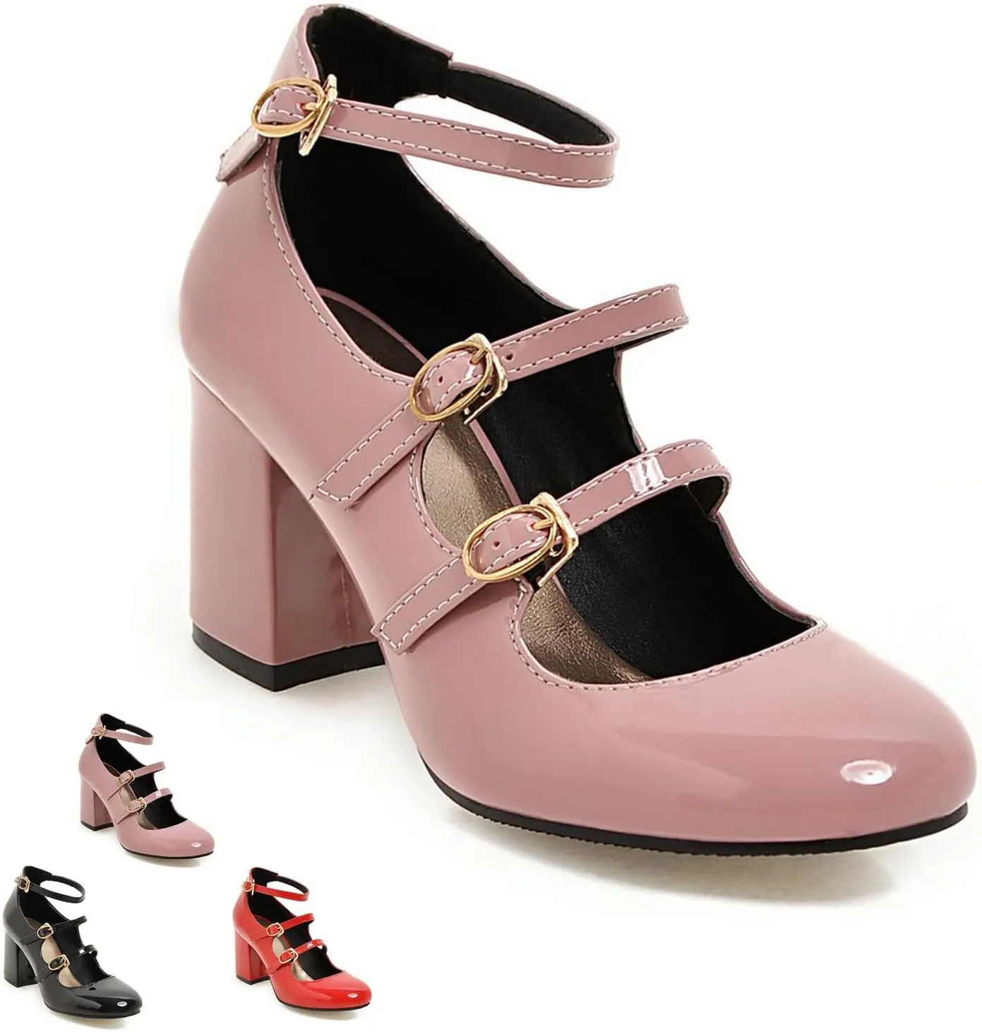 Women's Mary Janes Chunky High Heels Pumps,Vintage Patent Leather Adjustable Triple Strap Buckle Comfort Round Toe Closed Toe Sweet Office Wedding Party Dress Shoes