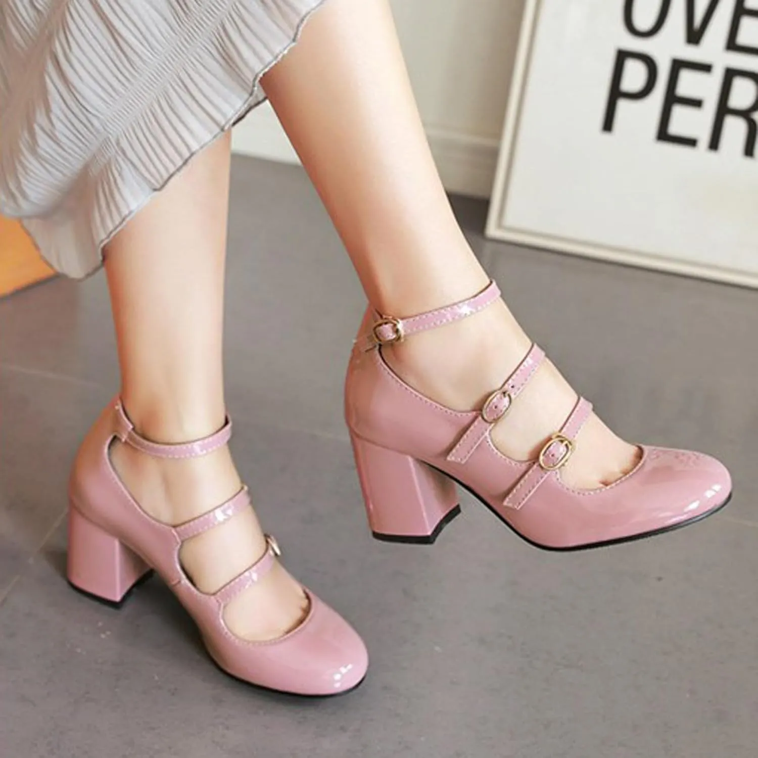 Women's Mary Janes Chunky High Heels Pumps,Vintage Patent Leather Adjustable Triple Strap Buckle Comfort Round Toe Closed Toe Sweet Office Wedding Party Dress Shoes