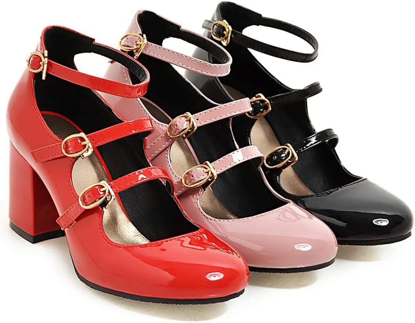 Women's Mary Janes Chunky High Heels Pumps,Vintage Patent Leather Adjustable Triple Strap Buckle Comfort Round Toe Closed Toe Sweet Office Wedding Party Dress Shoes