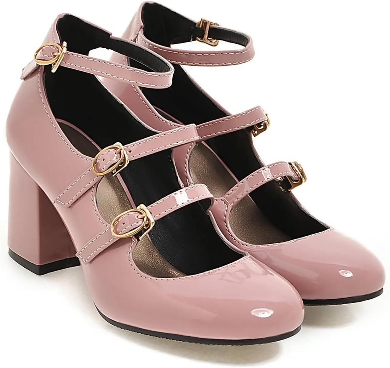 Women's Mary Janes Chunky High Heels Pumps,Vintage Patent Leather Adjustable Triple Strap Buckle Comfort Round Toe Closed Toe Sweet Office Wedding Party Dress Shoes
