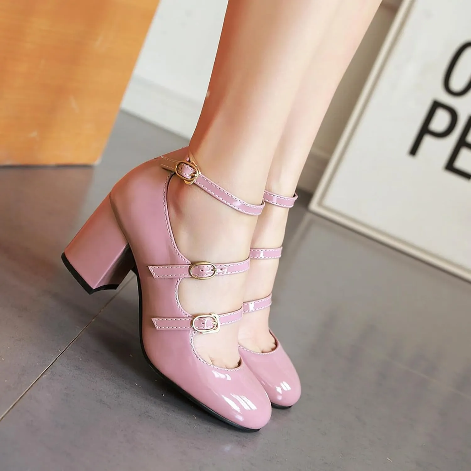 Women's Mary Janes Chunky High Heels Pumps,Vintage Patent Leather Adjustable Triple Strap Buckle Comfort Round Toe Closed Toe Sweet Office Wedding Party Dress Shoes