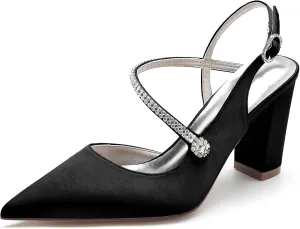Womens Rhinestone Satin Heels Slingback Closed Pointed Toe Pumps Chunky Block Heels Wedding Party Shoes