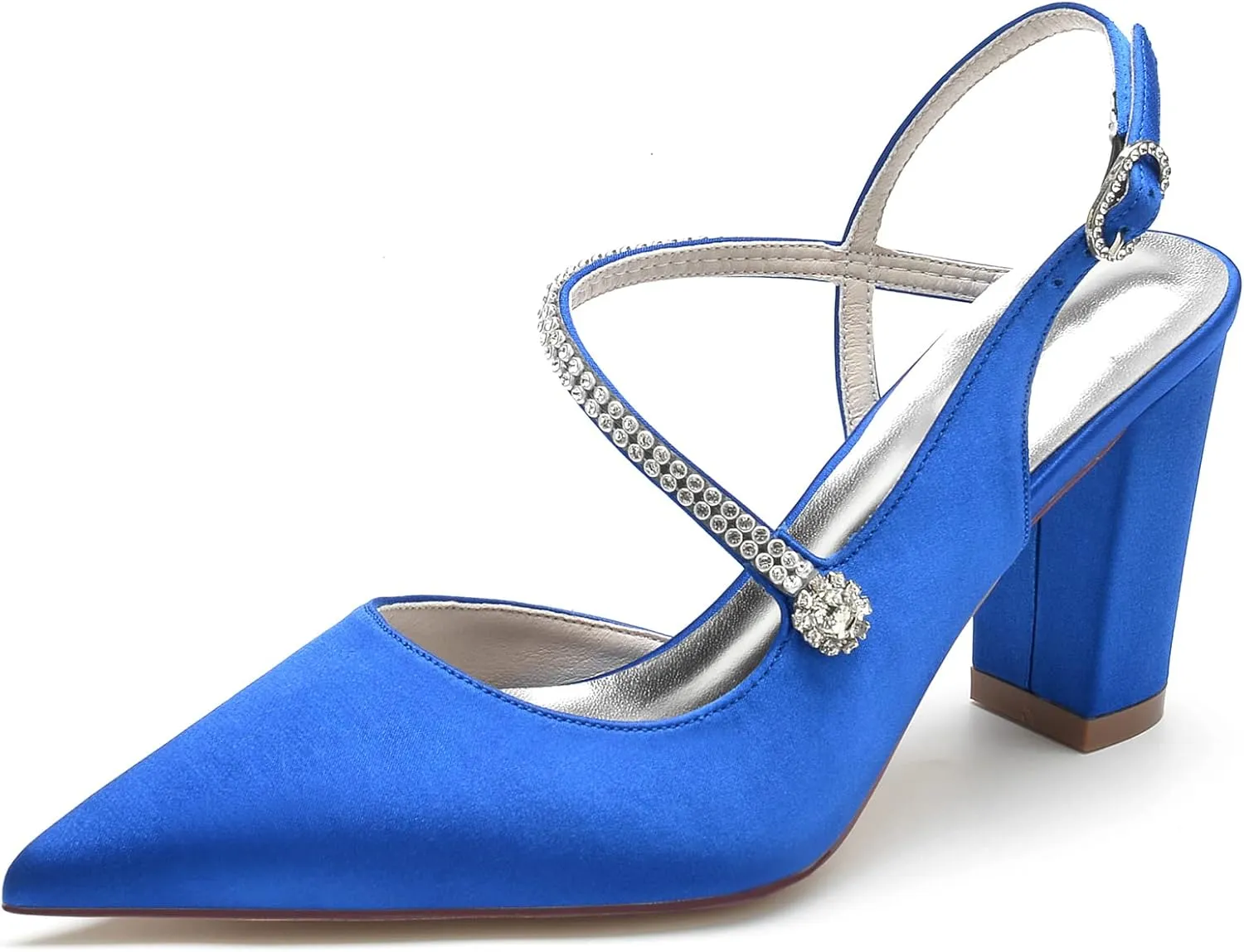 Womens Rhinestone Satin Heels Slingback Closed Pointed Toe Pumps Chunky Block Heels Wedding Party Shoes