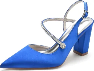 Womens Rhinestone Satin Heels Slingback Closed Pointed Toe Pumps Chunky Block Heels Wedding Party Shoes
