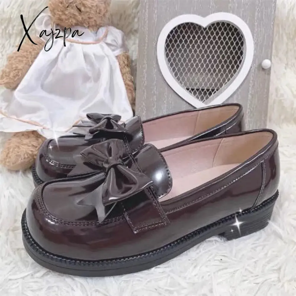 Xajzpa - British Style Vintage Woman Vulcanize Shoes Kawaii Pink Sakura Girls Lolita Shoes Summer Slip on Casual PU Mary Janes